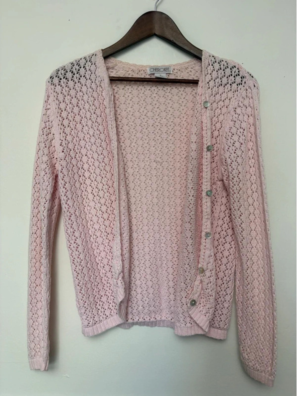 Vintage Cherokee Pink Crochet Knit Cardigan Size Medium Cottagecore